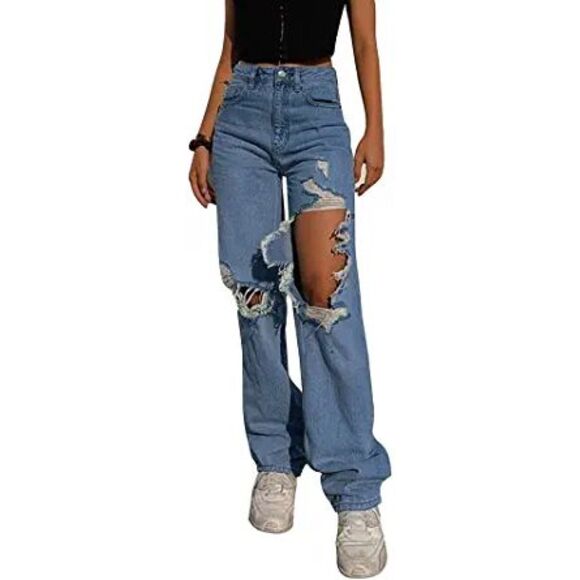 HDLTE Casual Ripped Boyfriend Jeans Wide Leg High Waist Loose Demin Pants, L - Picture 1 of 1